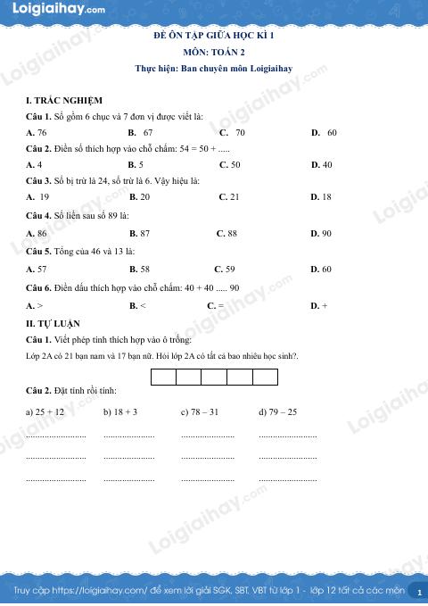 Đề kiểm tra giữa học kì 1 Toán 2 Kết nối tri thức - Đề số 1